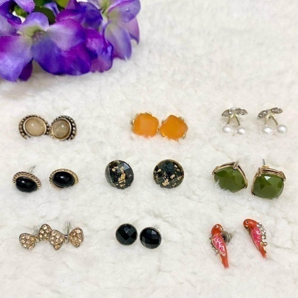 Nine pairs of earrings black green tangerine pearly bow bird